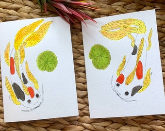 Koi fish with lily pad watercolor handmade blank card set of two