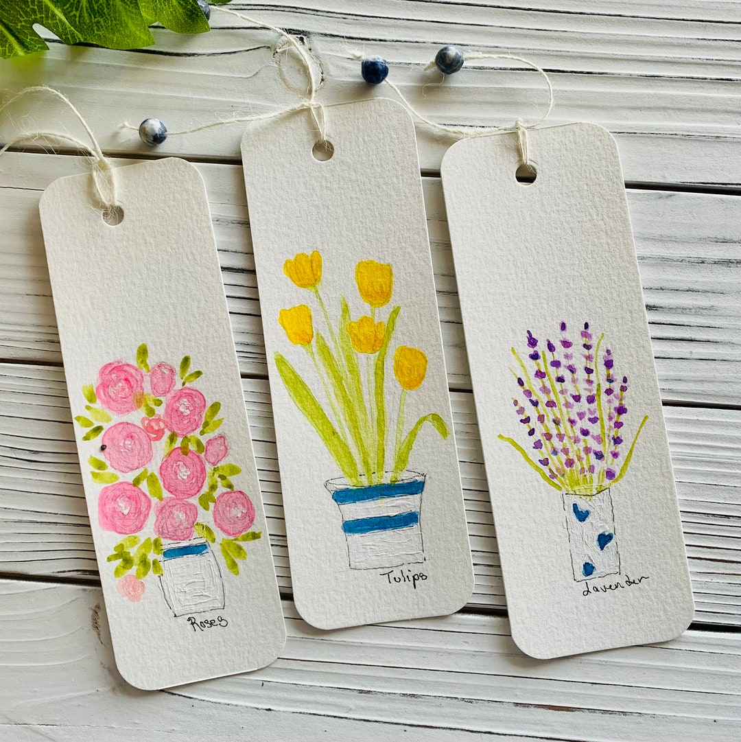 Watercolor Floral Bookmarks - Set of 3 - Handmade Flower
