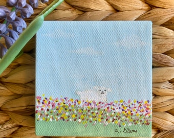 Mini canvas 3 x 3 original acrylic painting sheep in flower field