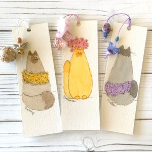 Watercolor  Flowers on Cats  bookmarks set of 3