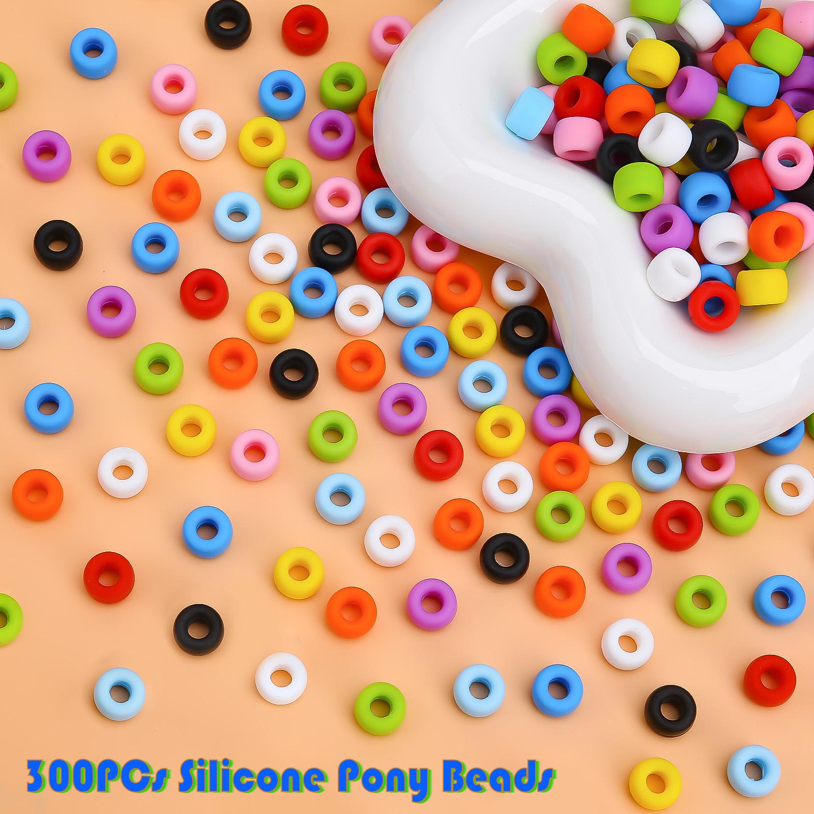 300-Pack Soft Silicone Pony Beads - 6x9mm Black Kandi Beads For Bracelets, Hair Braiding, DIY Crafts & More