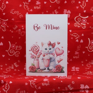 Valentine&#39;s Day Be Mine Kitten Greeting Card Matte or Glossy Cardstock w/Envelope Cute Cat Pink and Red Holiday