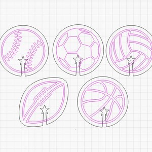May include: Five sports-themed designs in a line art style. The designs include a baseball, soccer ball, volleyball, football, and basketball. Each design is a circle or oval shape with a star at the bottom.