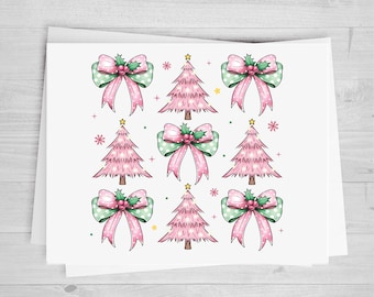 Coquette Christmas Trees and Bows DTF Transfer - Pink and Emerald/Green Bows - Pink Trees - Polka Dots - Trending 2024 Holiday Designs