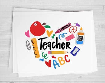 Teacher Heart, DTF Transfer Sheet, Teacher Appreciation, Any Size, Heat Transfer, Ready to Press, Ready to Apply, Direct to Film