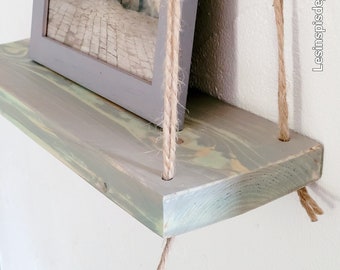 Etagère balançoire suspendue en bois et corde grise et vert d'eau, décoration en bois green, écolo.