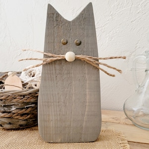 Decorative gray wooden cat, minimalist, interior decoration. Women&#39;s gift idea, wooden animals