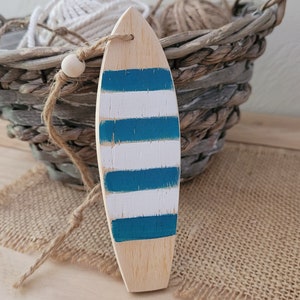 Mini decorative wooden surfboard to hang, aged multicolored stripes. Gift idea for a surfer.