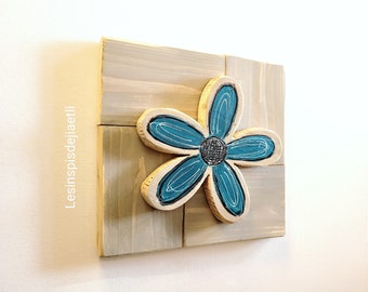 Kleines blaues und graues Blumengemälde, Blumengemälde auf Holz, Wanddekoration aus recyceltem Holz.