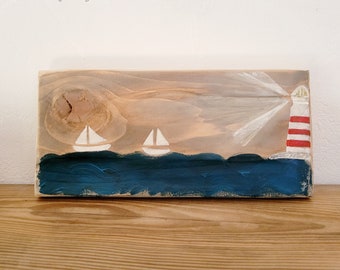 Tableau en bois marin, décor de phare. Décoration murale style bord de mer.