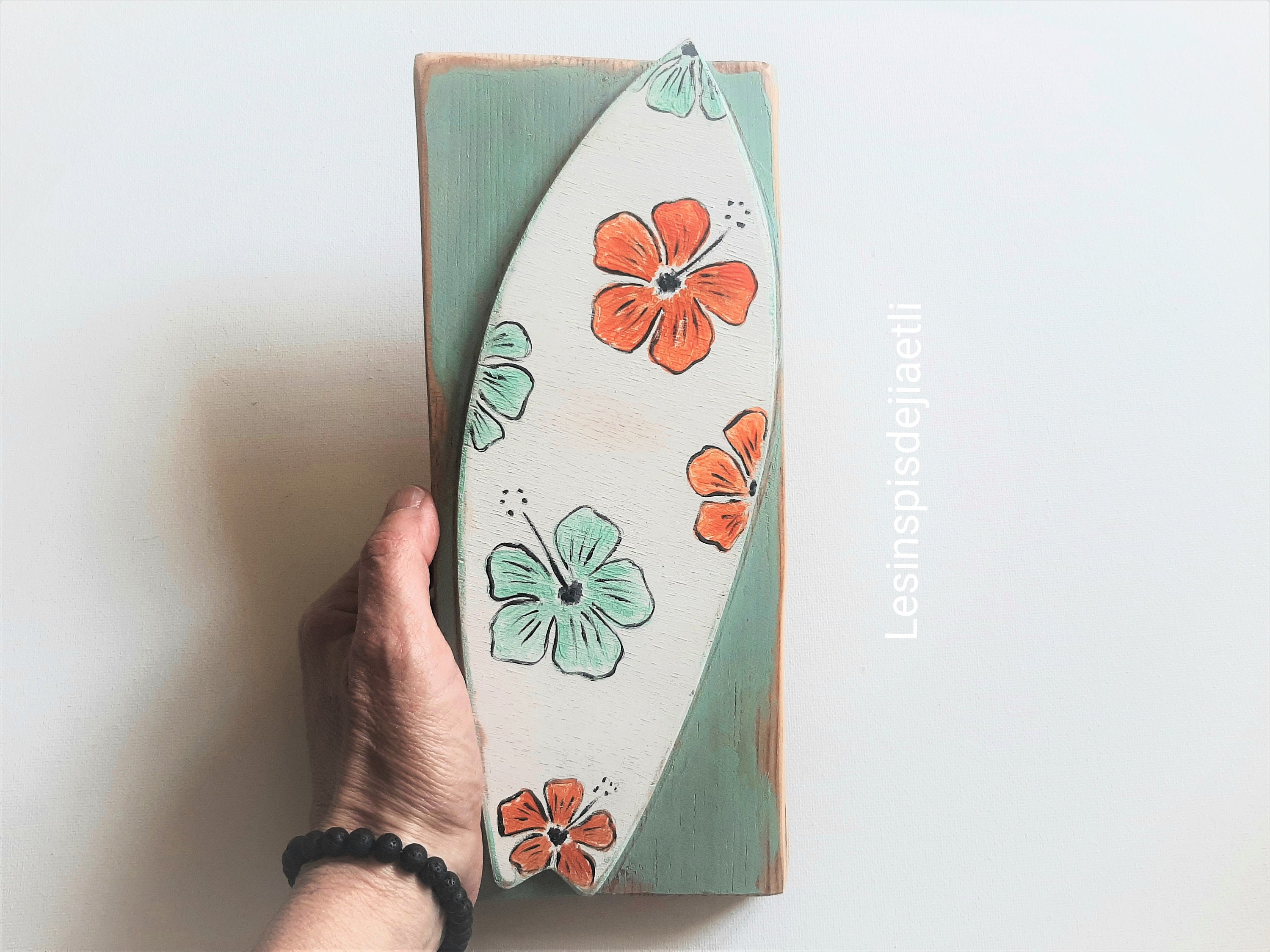 Tableau Surf en Bois Recyclé, Décoration Murale Hawaii, Plage, Bord de Mer.