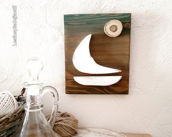 Voilier, Petit tableau marin en bois recyclé, décoration murale en bois style bord de mer.