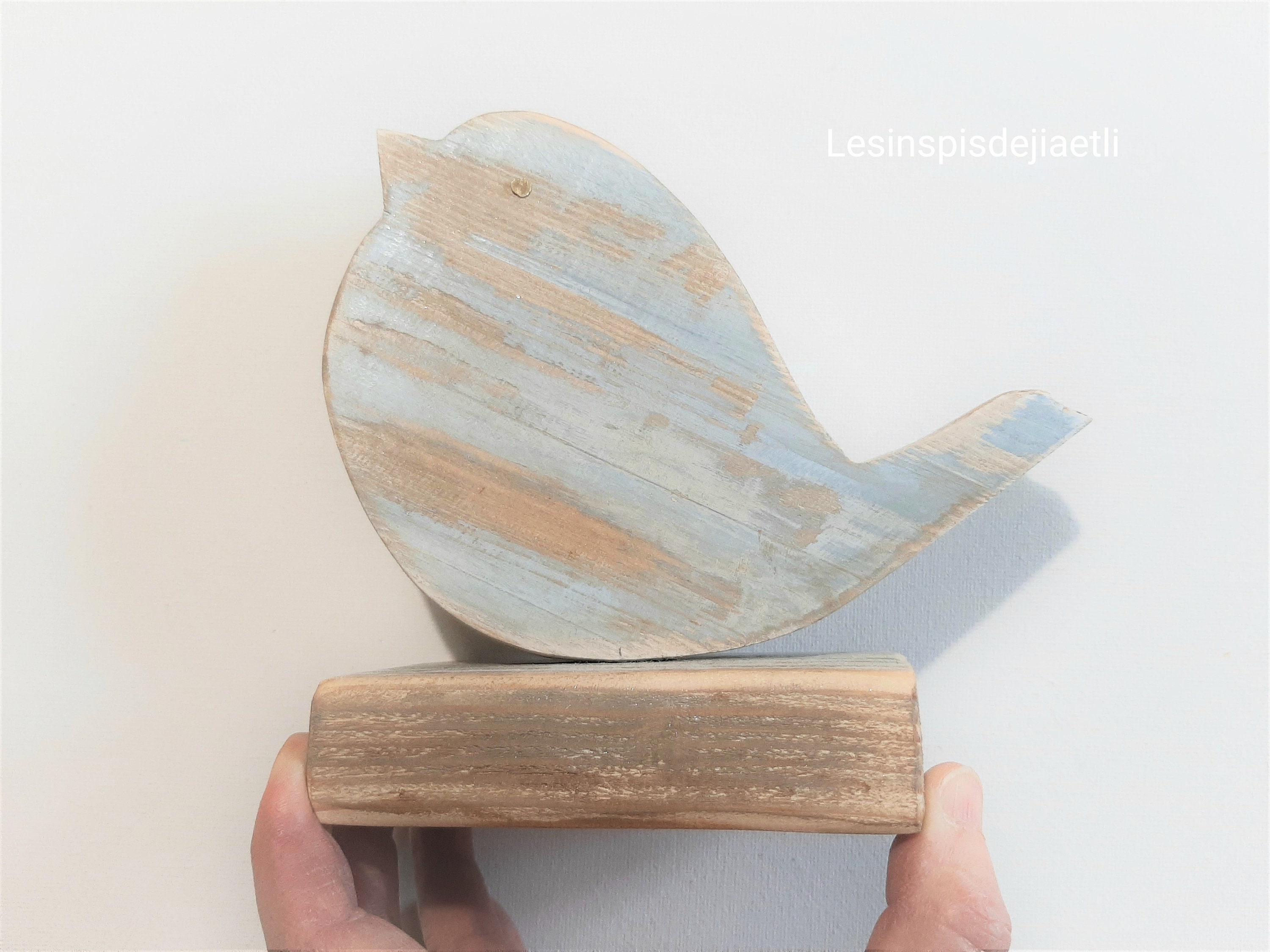 Oiseau en Bois Déco Gris Bleuté, Recyclé