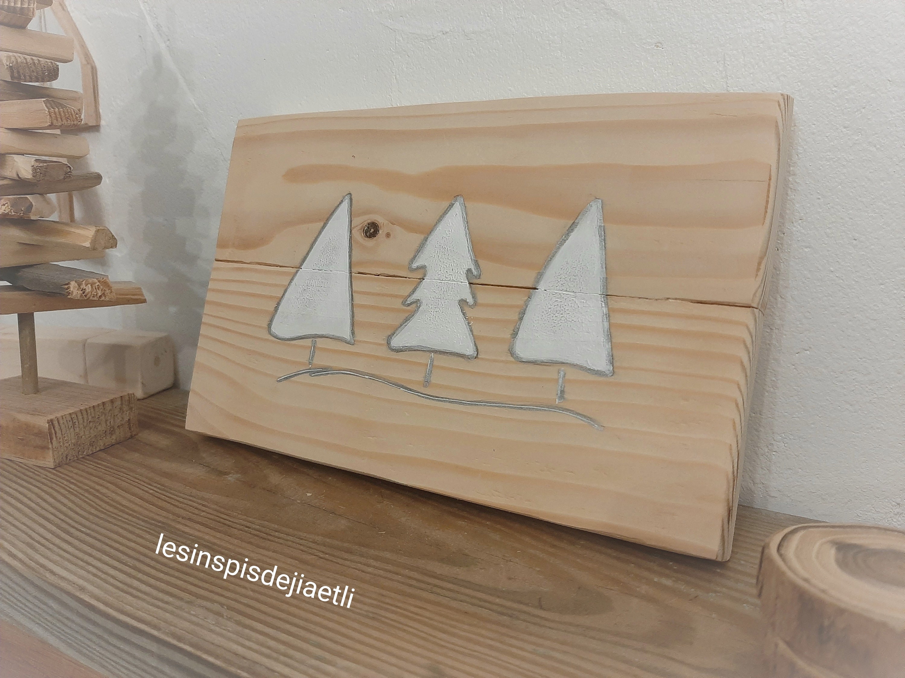 Tableau en Bois, Déco Murale de Style Scandinave, Peinture Arbres, Forêt.