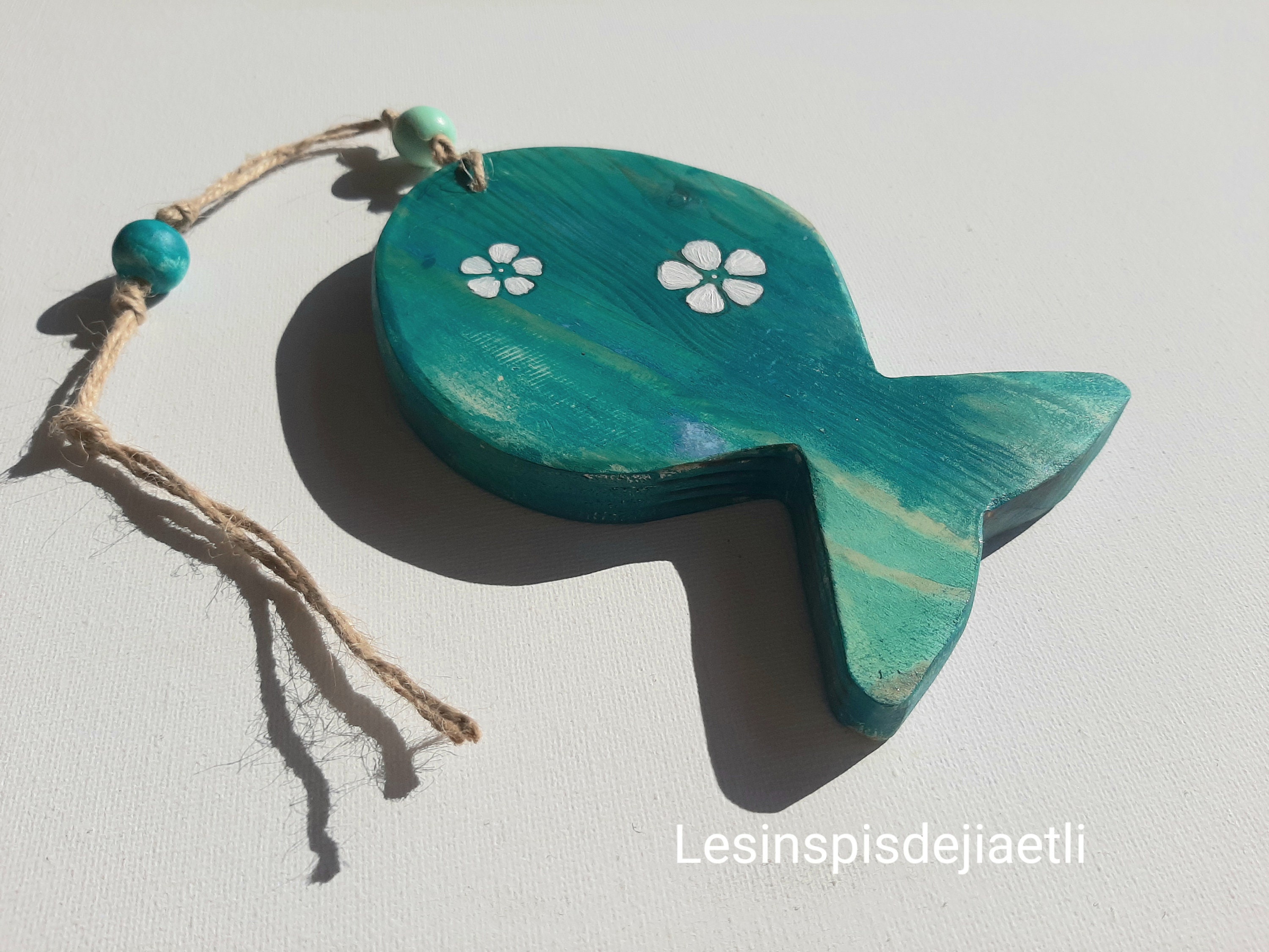 Poisson en Bois Turquoise, Décor Hawaii, Tropical, Bord de Mer, Plage.