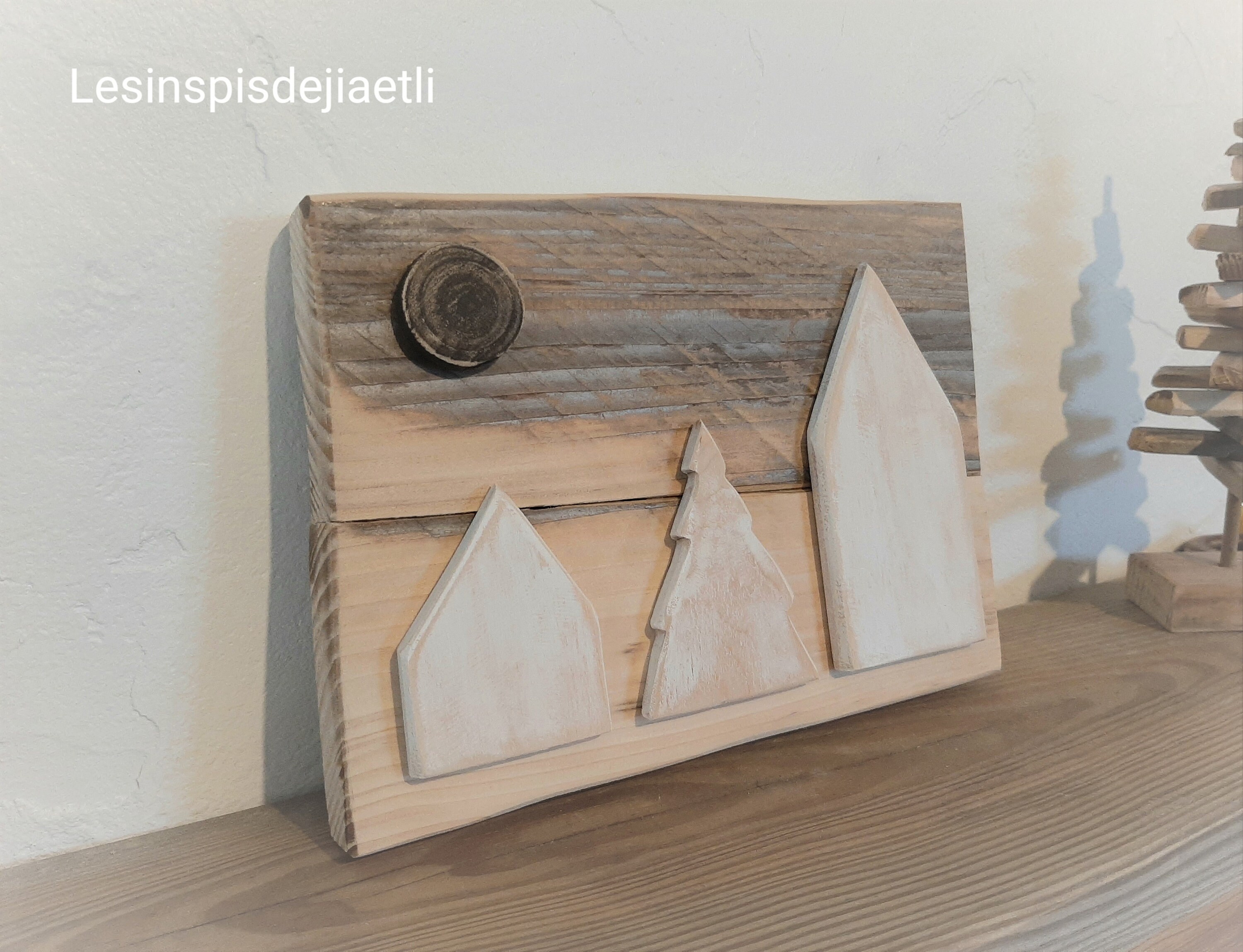 Tableau en Bois Déco Scandinave, Décoration Murale Recyclé Style Nordique, Peinture Arbres, Forêt.