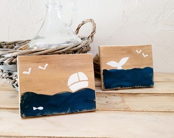 2 mini tableaux en bois marins minimalistes peints bleu et blanc, décoration murale en bois bord de mer,