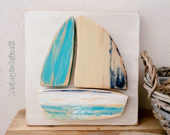 Petit tableau en bois bateau, décoration murale en bois bord de mer, intérieur marin