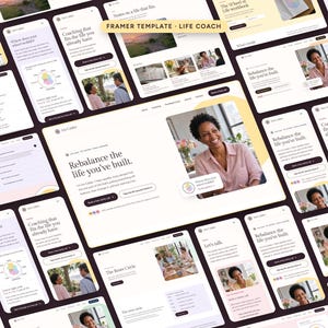 Op de afbeelding: Een digitaal Framer-sjabloon voor een life coach-website met meerdere schermindelingen. Het ontwerp gebruikt een zacht kleurenpalet met crème, lichtroze en donkerbruine tekst. Het toont verschillende secties, waaronder coachingsdiensten, contactknoppen en afbeeldingen van een glimlachend persoon.