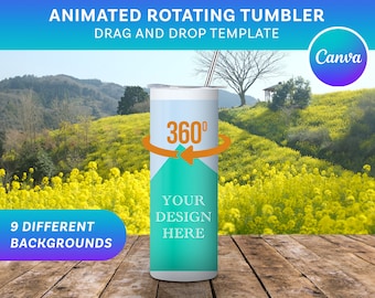 Maqueta de vaso giratorio de 20 oz para Canva | Plantilla de arrastrar y soltar | 9 fondos realistas | Maqueta animada | Tema de flores amarillas