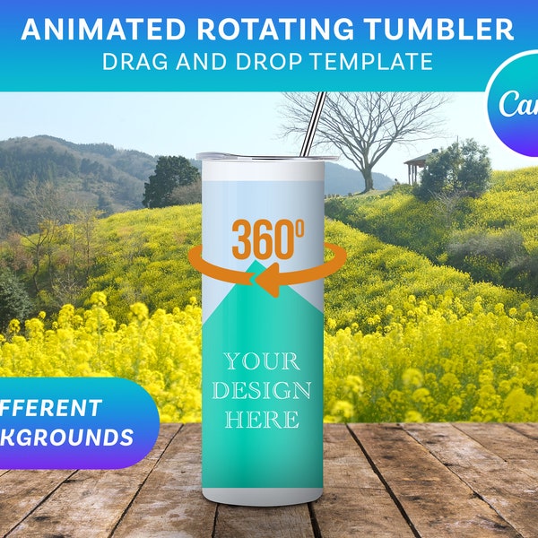 20oz Rotating Tumbler mockup for Canva | Drag and drop template | 9 Realistic Backgrounds | Animated Mockup | Yellow Flowers Theme