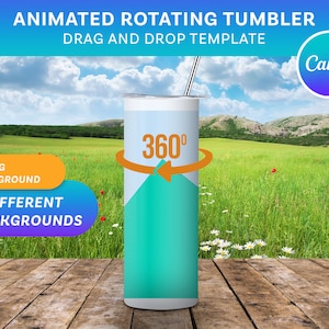 Peut inclure: Un gobelet cylindrique au design géométrique blanc et sarcelle, orné d'une flèche de rotation orange à 360 degrés. L'image contient le texte ANIMATED ROTATING TUMBLER, DRAG AND DROP TEMPLATE, SPRING BACKGROUND et 9 DIFFERENT BACKGROUNDS.