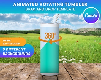 Maqueta de vaso giratorio de 20 oz para Canva | Plantilla de arrastrar y soltar | 9 fondos realistas | Maqueta animada | Tema de primavera 1