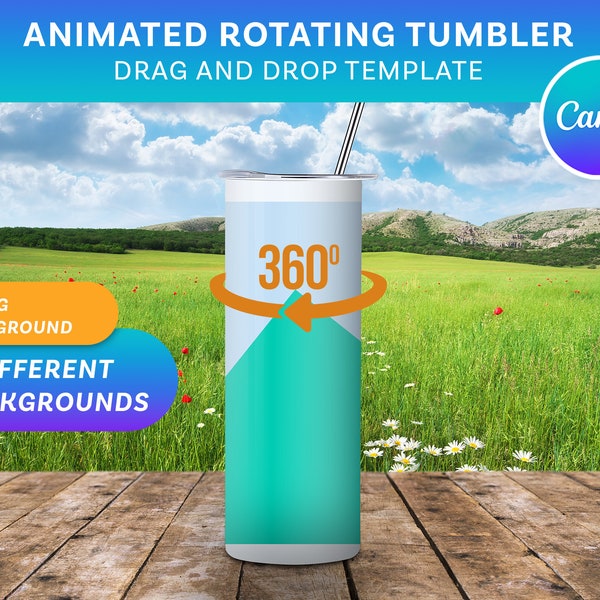 20oz Rotating Tumbler mockup for Canva | Drag and drop template | 9 Realistic Backgrounds | Animated Mockup | Spring 1 Theme