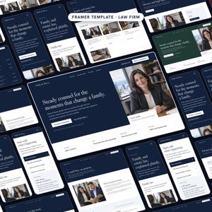 Plantilla web FRAMER para bufetes de abogados y letrados, sitio web para abogados con tarifas fijas, áreas de práctica, página de reservas, fácil de editar, sin código.