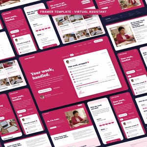 May include: A digital Framer template for a virtual assistant website featuring a magenta and white color scheme. The layout displays multiple mobile and desktop screen views showcasing service packages, scheduling options, and professional branding text.