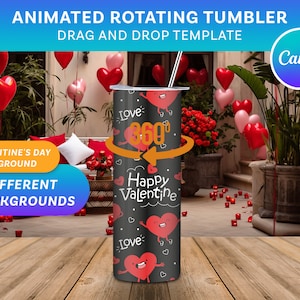 20oz Rotating Tumbler mockup for Canva | Drag and drop template | 9 Realistic Backgrounds | Animated Mockup | Valentine's Day Theme