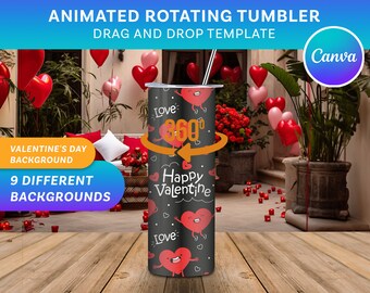 Maqueta de vaso giratorio de 20 oz para Canva | Plantilla de arrastrar y soltar | 9 fondos realistas | Maqueta animada | Tema del día de San Valentín