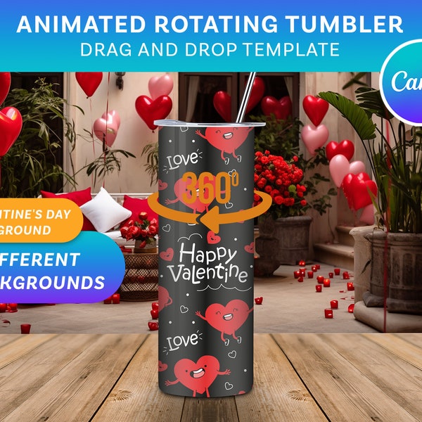 20oz Rotating Tumbler mockup for Canva | Drag and drop template | 9 Realistic Backgrounds | Animated Mockup | Valentine's Day Theme