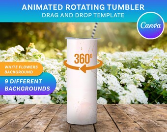 Maqueta de vaso giratorio de 20 oz para Canva | Plantilla de arrastrar y soltar | 9 fondos realistas | Maqueta animada | Tema de flores blancas