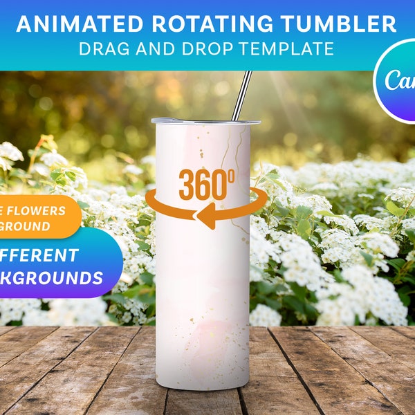 20oz Rotating Tumbler mockup for Canva | Drag and drop template | 9 Realistic Backgrounds | Animated Mockup | White Flowers Theme