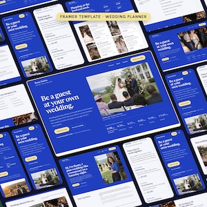 Peut inclure: Un modèle numérique Framer pour un site web de planificateur de mariage avec un thème bleu profond et du texte blanc. La mise en page présente plusieurs vues d'écrans mobiles et de bureau affichant des photos de mariage, des forfaits et le texte Be a guest at your own wedding.