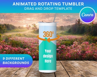 Maqueta de vaso giratorio de 20 oz para Canva | Plantilla de arrastrar y soltar | 9 fondos realistas | Maqueta animada | Tema de fondo de flores rosadas