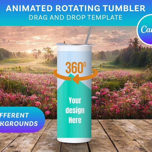 20oz Rotating Tumbler mockup for Canva | Drag and drop template | 9 Realistic Backgrounds | Animated Mockup | Pink Flowers Background Theme