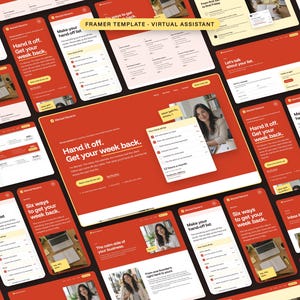 Op de afbeelding: Een digitaal Framer-sjabloon voor een virtuele assistent-service met een levendig rood en crèmekleurig schema. De lay-out toont meerdere mobiele en desktop-schermmock-ups met takenlijsten, servicebeschrijvingen en professionele fotografie.