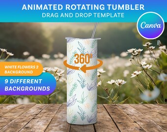 Maqueta de vaso giratorio de 20 oz para Canva | Plantilla de arrastrar y soltar | 9 fondos realistas | Maqueta animada | Campo de flores blancas 2 | primavera