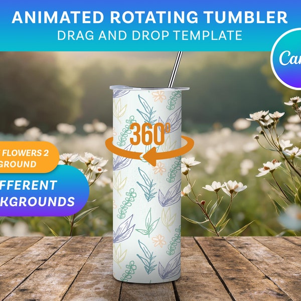 20oz Rotating Tumbler mockup for Canva | Drag and drop template | 9 Realistic Backgrounds | Animated Mockup | White Flowers field 2 | spring