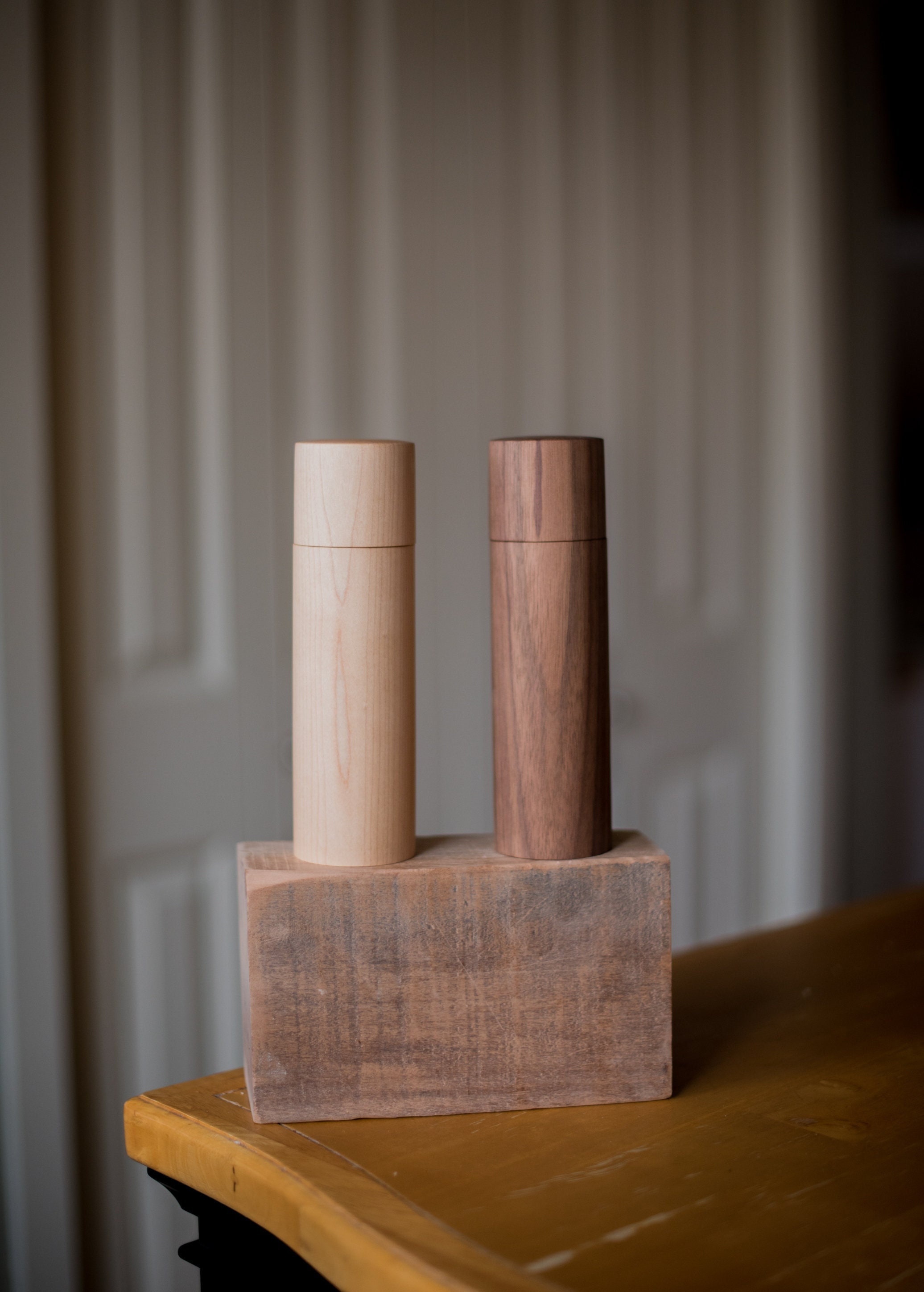 Mini Wood Pepper Mill and Salt Grinder Set Walnut and Maple 