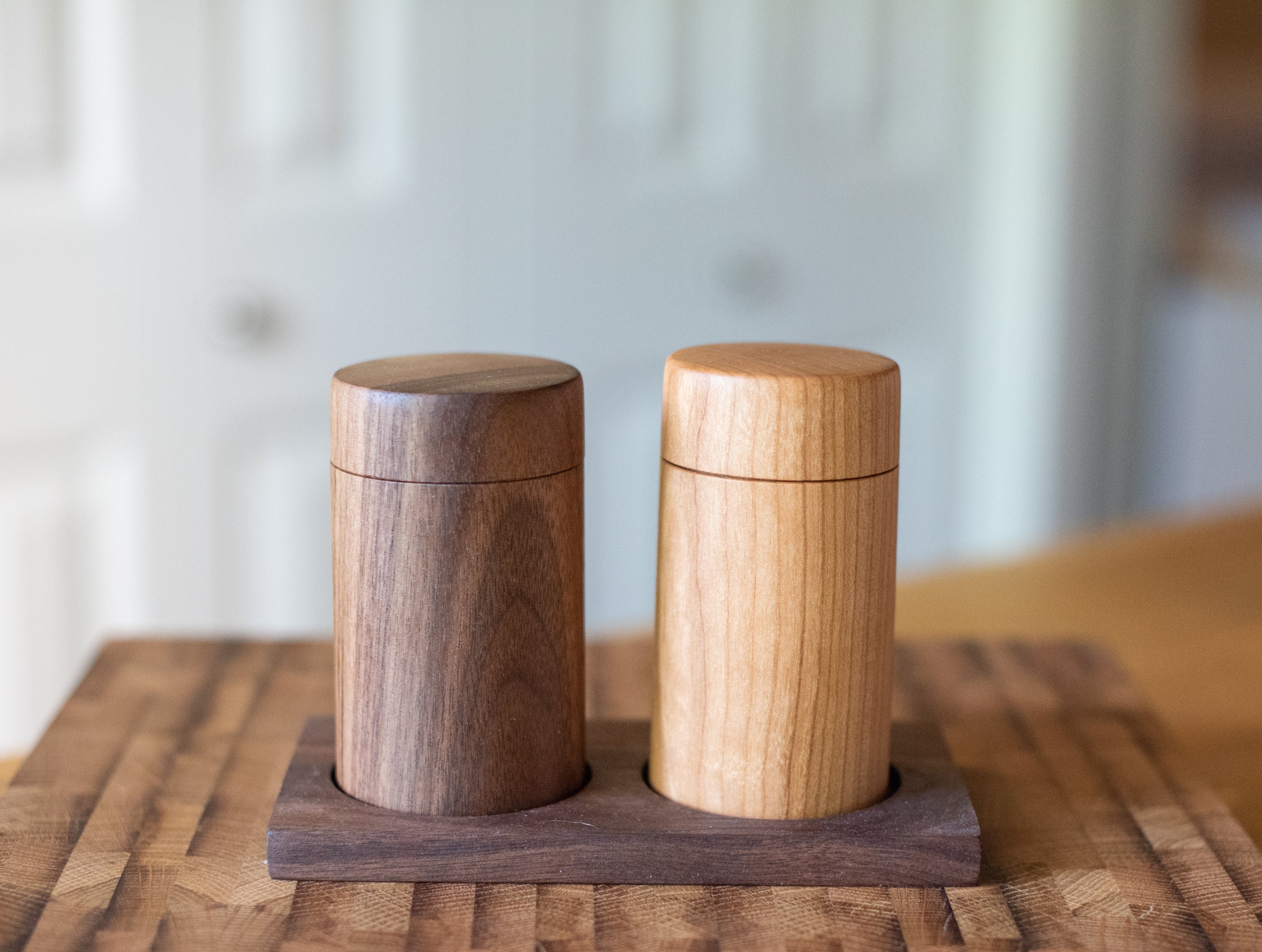 Mini Wood Pepper Mill and Salt Grinder Set Walnut and Maple 