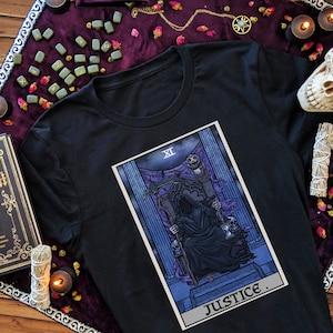 Justice Tarot Card Shirt Grim Reaper Halloween Gothic Witch Clothing Men Plus Size Goth Gift Witchcraft Gifts for Witches Witchy Tee Women