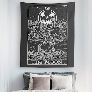 Carte de tarot lune Tapisserie Halloween Décoration d'intérieur Art de loup-garou Art mural gothique Sorcière Tenture murale Goth Tapisseries Cadeau horreur (80 x 68)