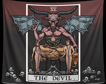 The Devil Tarot Card Tapestry Baphomet Satanic Witchcraft Wall Hanging Art Print Halloween Horror Goth Gothic Occult Home Decor (80x68)