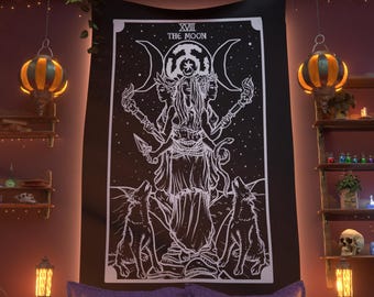 Bogini Hekate, Księżyc, Karta Tarota, Gobelin, Koło Hekate, Potrójna Bogini Księżyca, Dekoracja ścienna z motywem czarownic, Prezent dla czarownicy