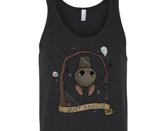 Camiseta sin mangas Just Hangin para hombre Camiseta sin mangas de murciélago Camiseta sin mangas de Halloween Ropa gótica linda Ropa espeluznante Camisetas sin mangas góticas Camiseta sin mangas espeluznante linda Regalos para hombres