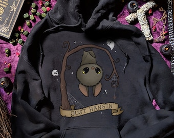 Just Hangin Hoodie Funny Cute Bat Hoodie Goth Halloween Animal Lover Sweatshirt Gothic Sweaters Spooky Sweater Goth Girl Hoodies for Women