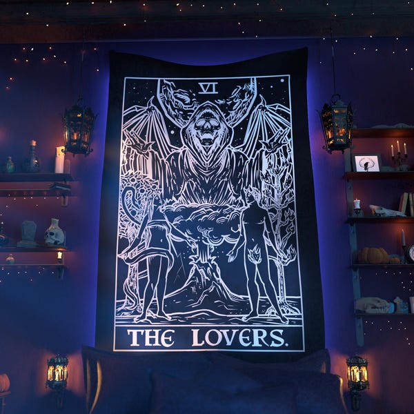 The Lovers Tarot Card Wall Hanging Halloween Bedroom Decor Gothic Home Decor Witch Wall Tapestry Witchcraft Wall Art Witchy Tapestry